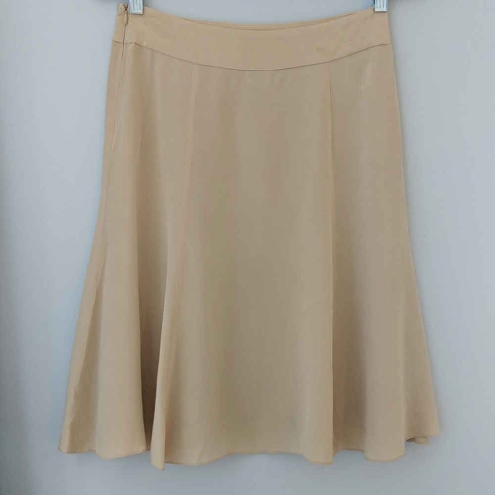Tan flared silk midi skirt